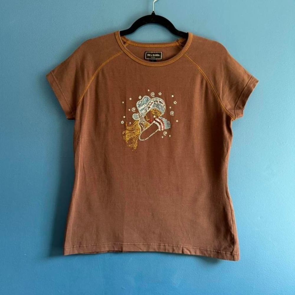 Bit & Bridle Brown T Shirt Women's Size Large Bedazzled Cowgirl Western Horse
